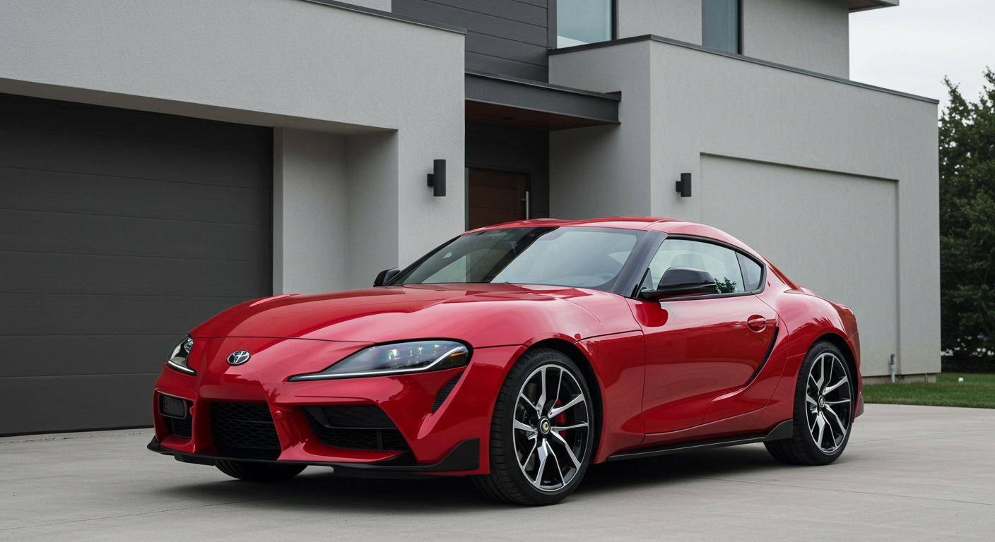 A new red Toyota sports car parked in front of a house