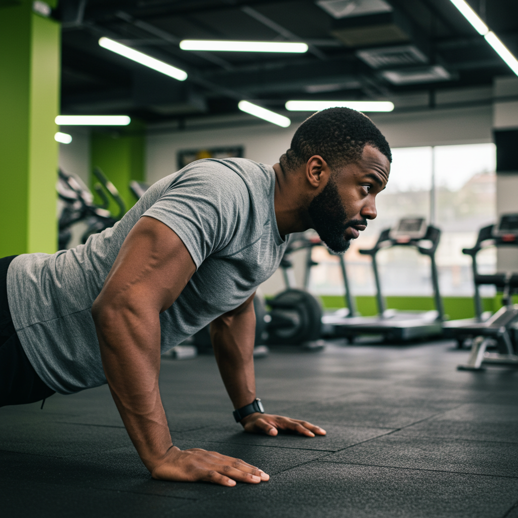 Side view of a  black man doing push-ups at the gym
