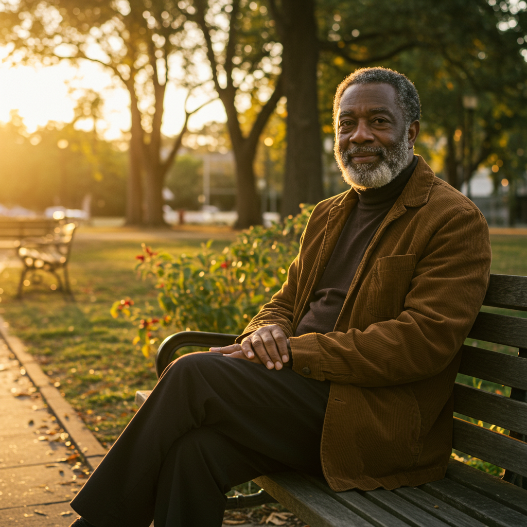 A fairly old black man sitting on a bench