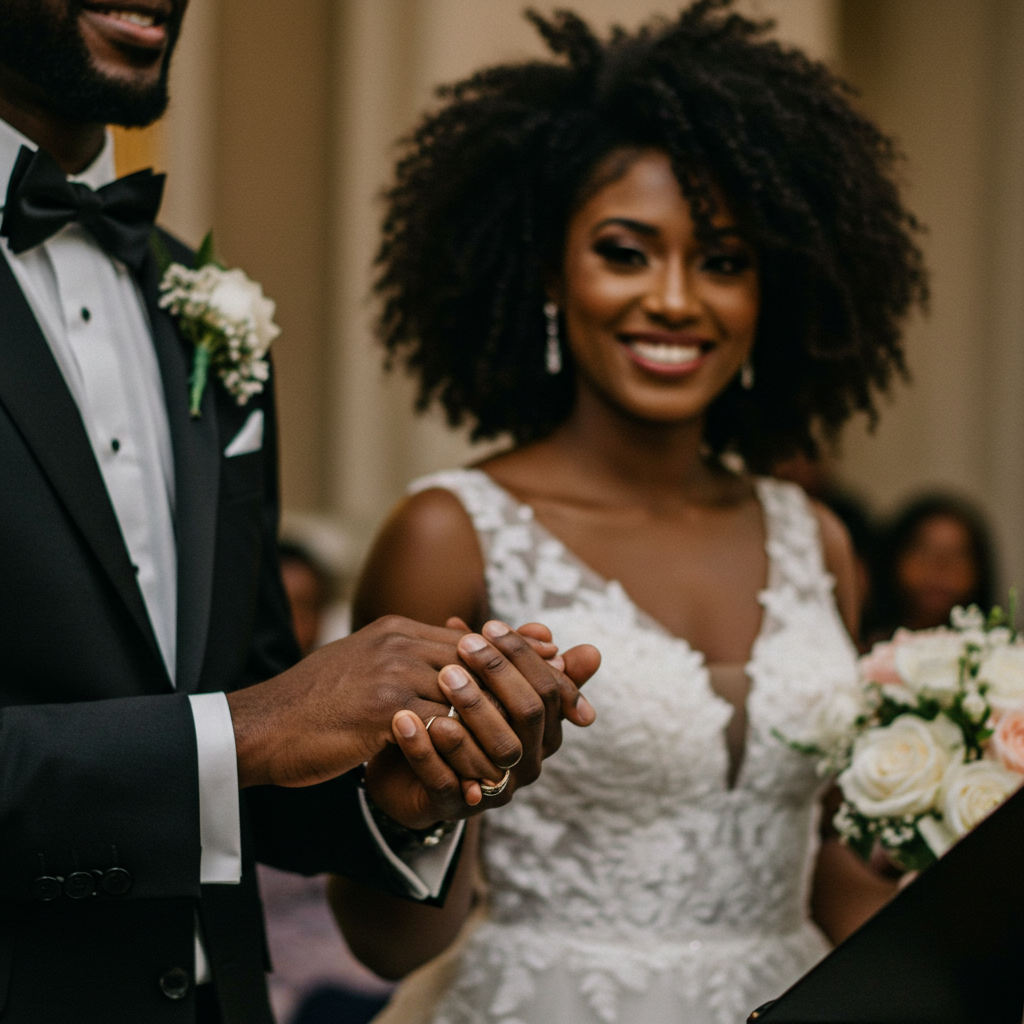 A close-up photo of a black bride and groom at a wedding holding hands