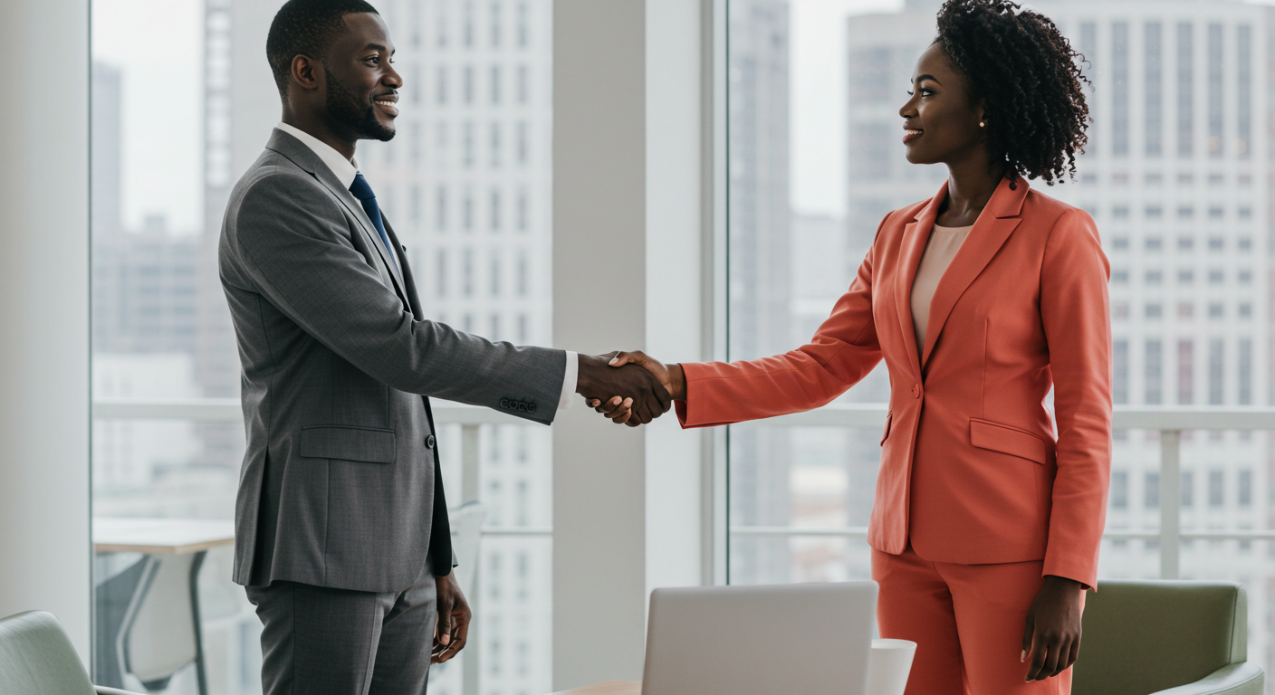Black Businessman shaking hands with black female colleague in office