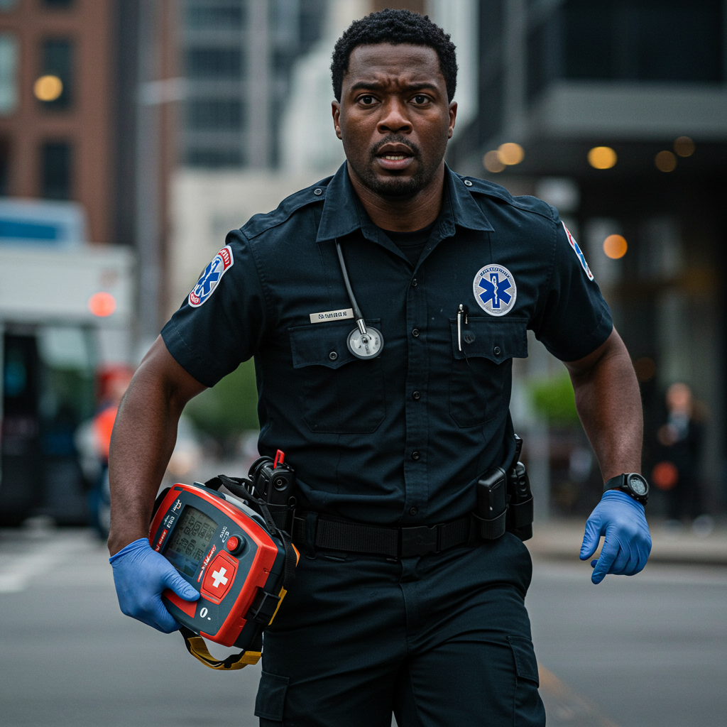 A black paramedic in a hurry to duty
