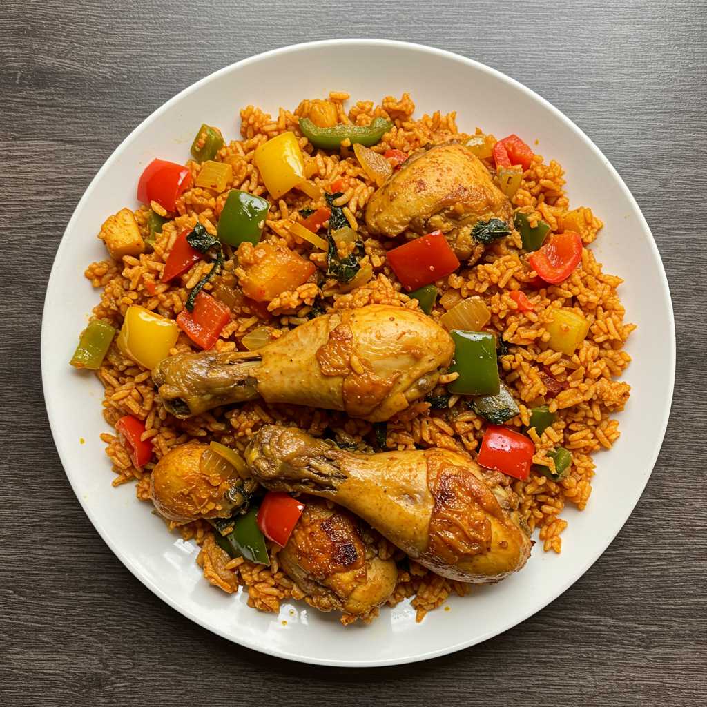 Top-down shot of jollof rice, veggies, and chicken