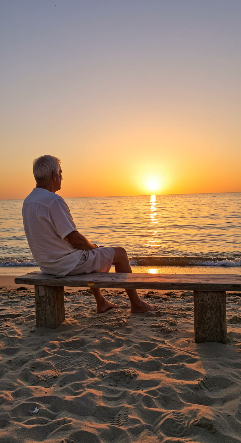 A fairly old man sitting on a bench at the beach at sunset