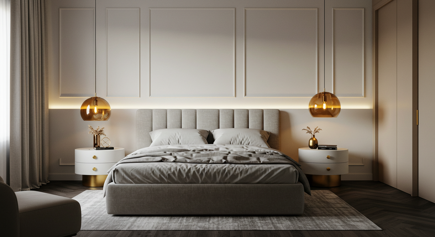 Modern bedroom interior with warm lighting #1
