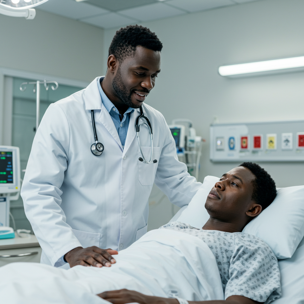 A black doctor standing by a patient on a bed