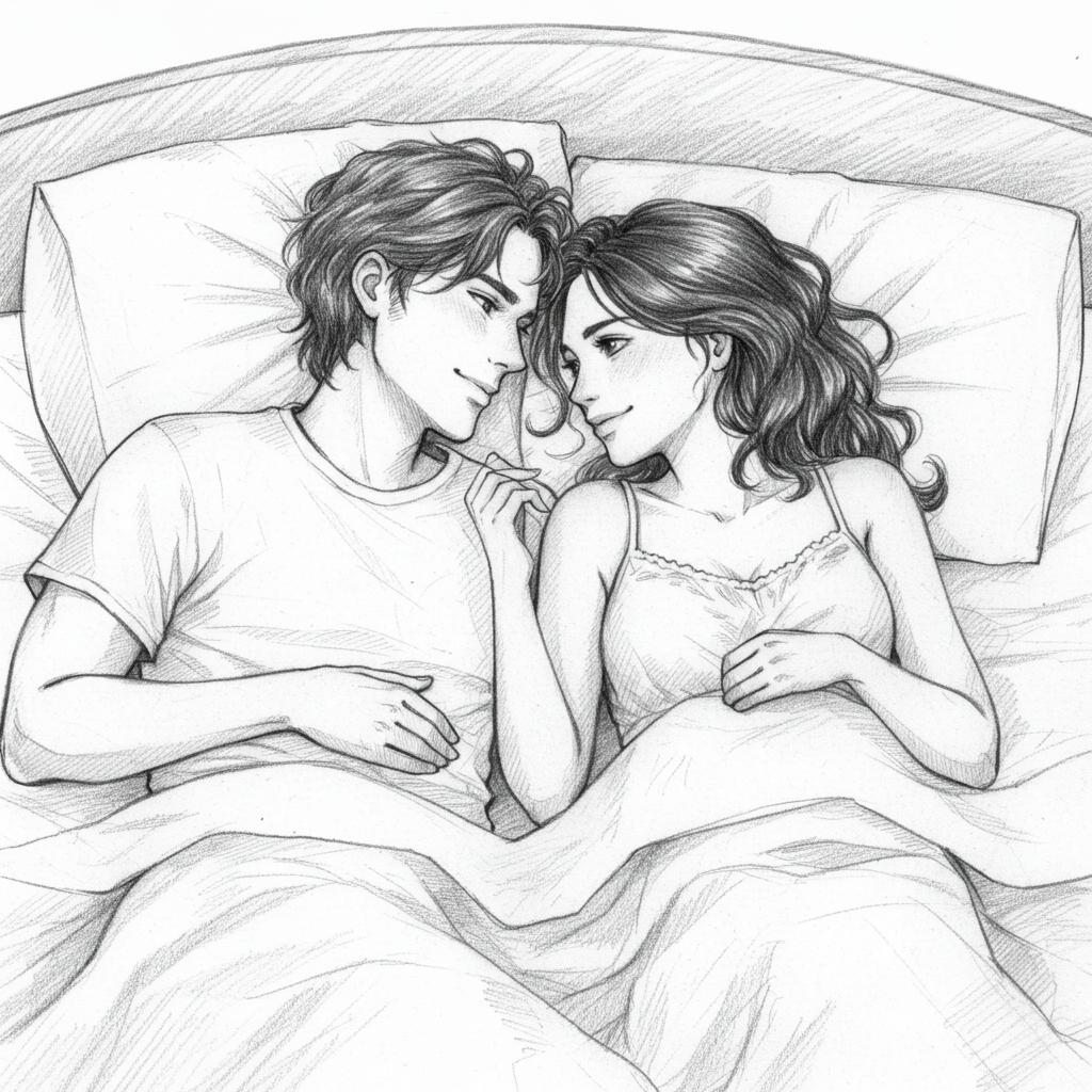 A pencil drawing of a couple in bed #2