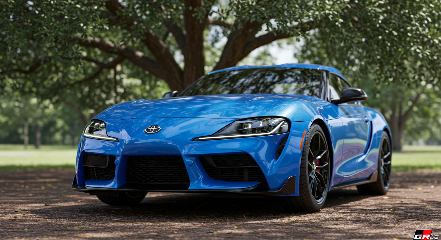 A new blue Toyota sports car parked under a tree #4