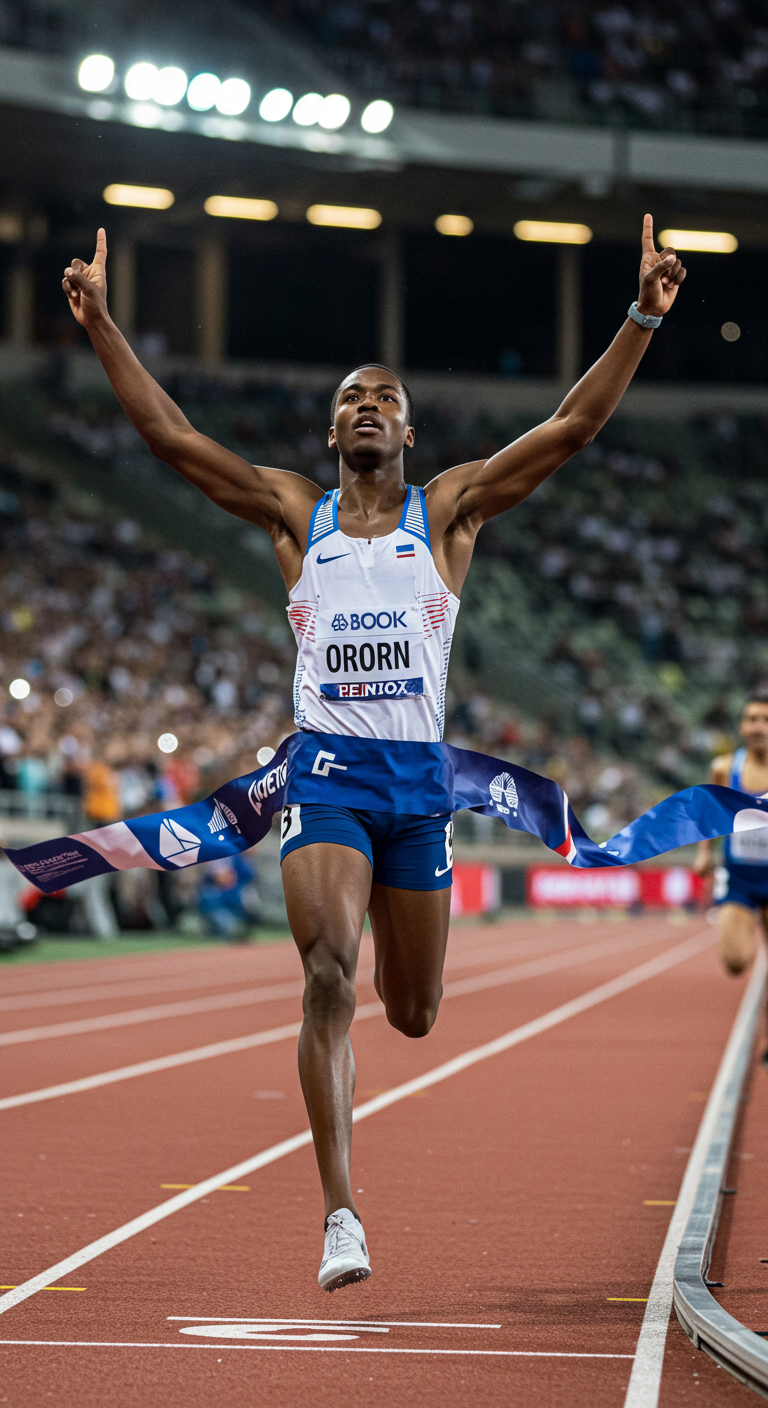 Male athlete crossing the finish line with arms raised in victory.