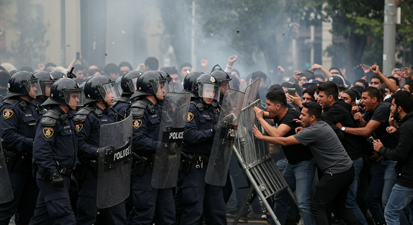 Police officers in riot gear forming a barricade against an angry crowd, smoke in the background #3