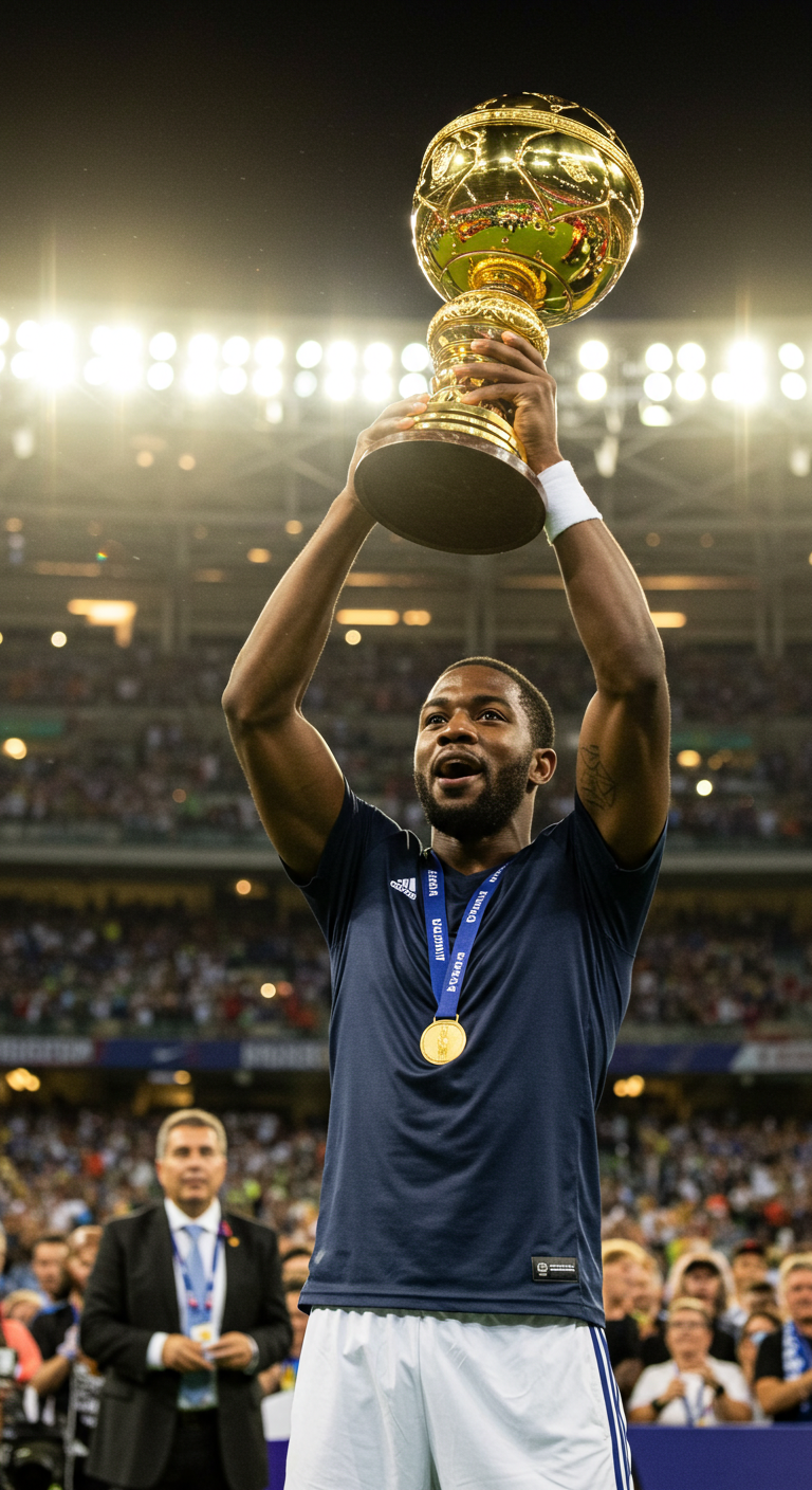 A champion in a blue shirt lifting a golden trophy under stadium lights