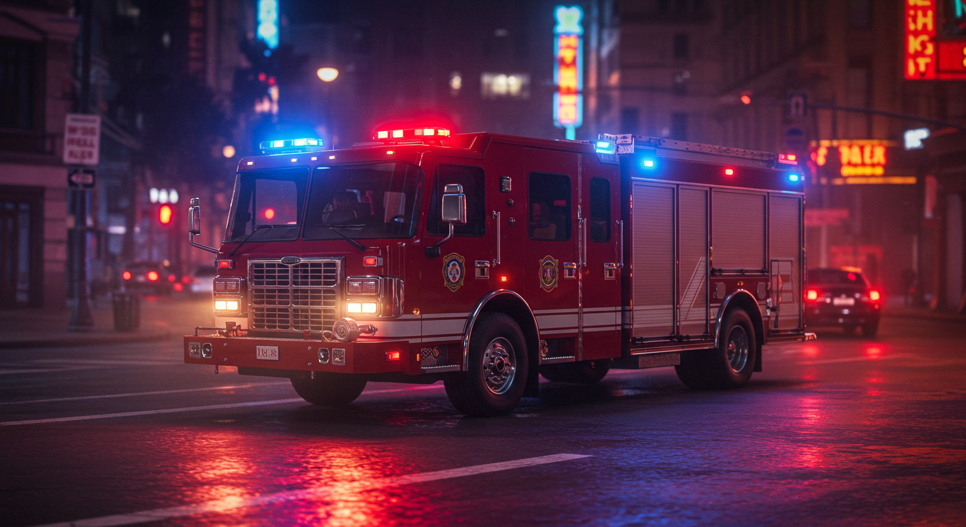 A modern red fire truck with flashing lights speeding through a city street at night, cinematic lighting, ultra-realistic #2