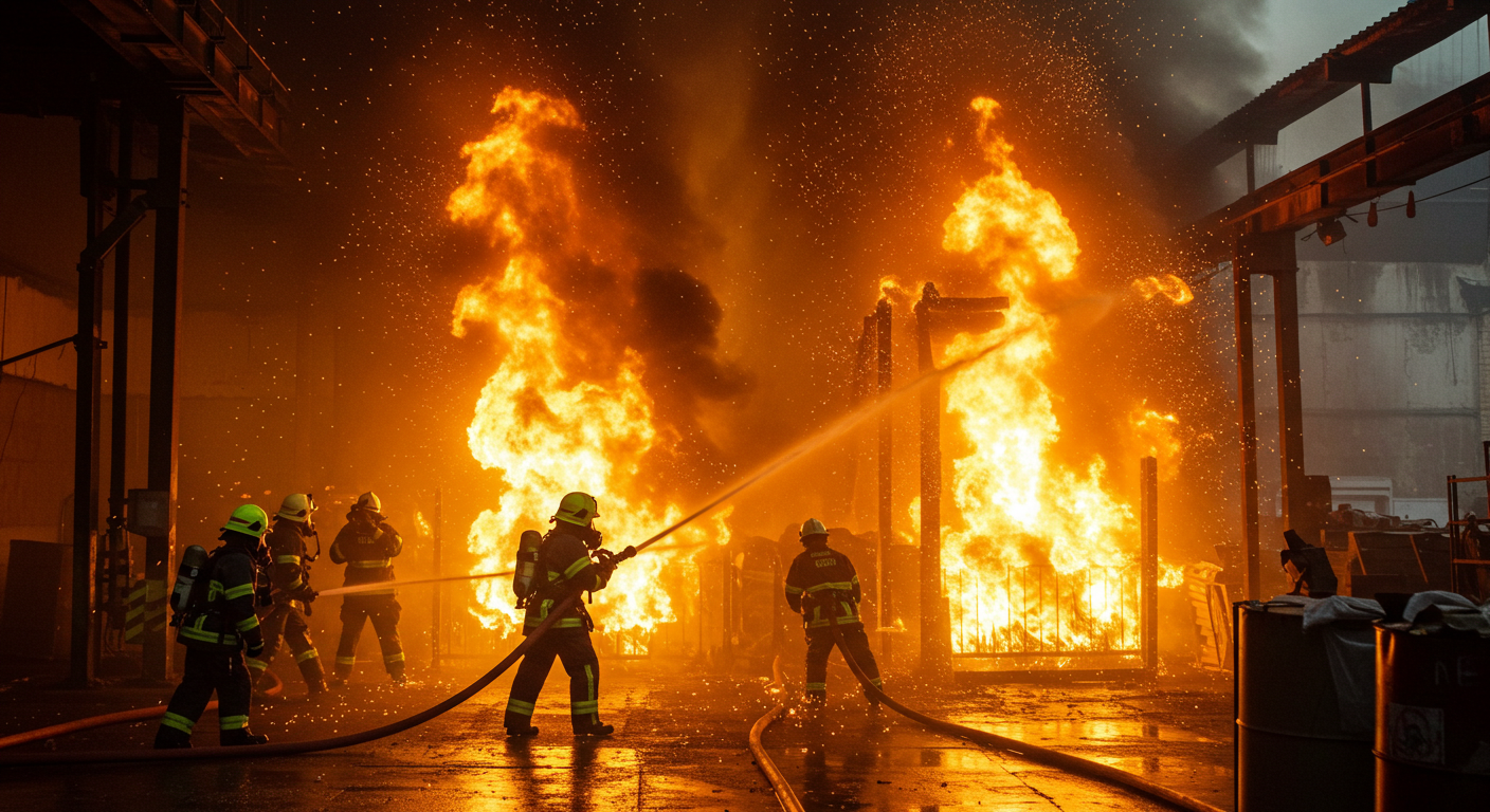 Firefighters in full gear battling massive flames in an industrial warehouse, dramatic smoke and sparks, action shot #4
