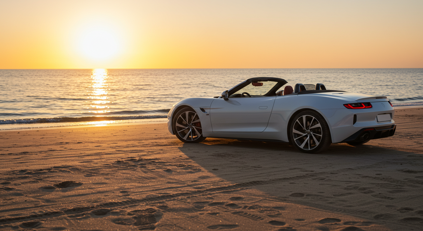 A white car parked at the beach