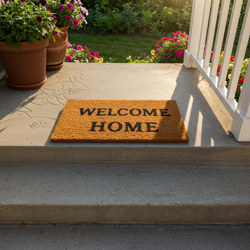 A doormat on a porch with the inscription "Welcome Home" #3