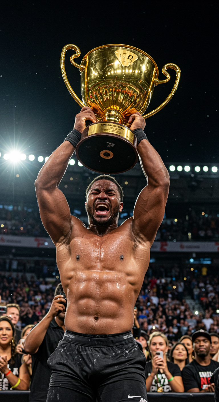 A champion lifting a golden trophy under stadium lights