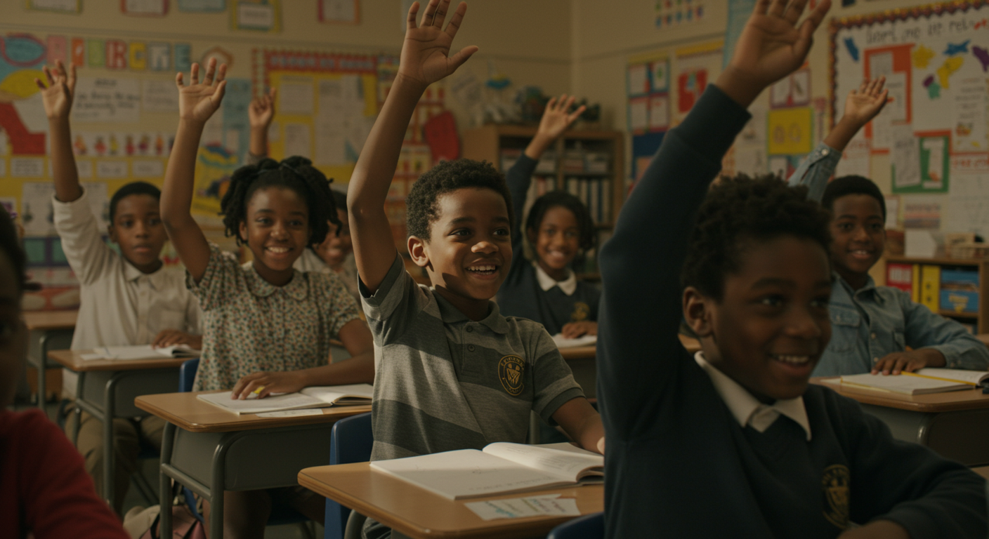 Black Students raising hands in a classroom