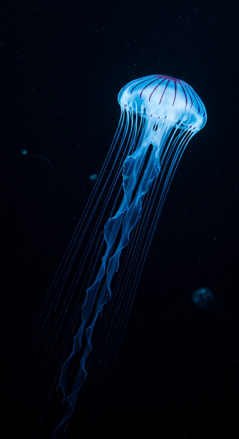 A bioluminescent jellyfish glowing in the dark deep sea