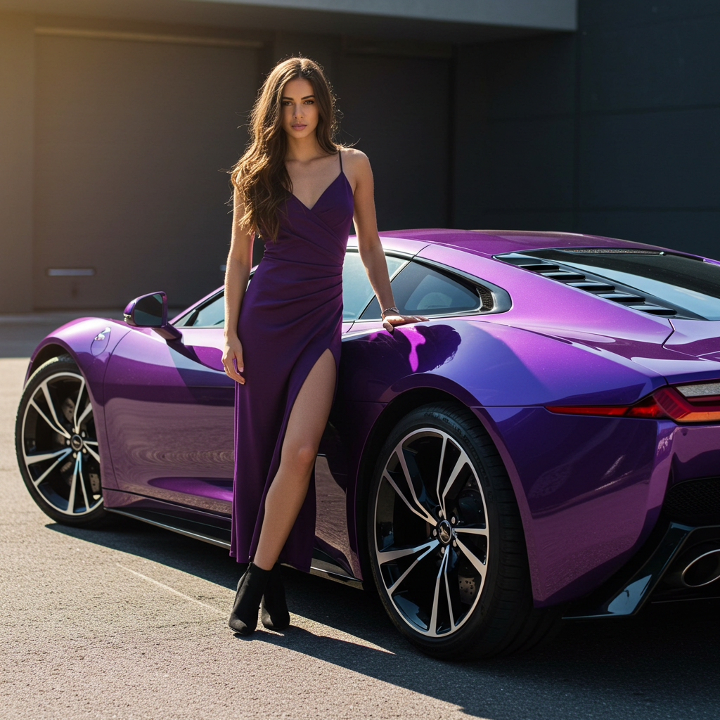 A fashion lady in purple standing by her purple car