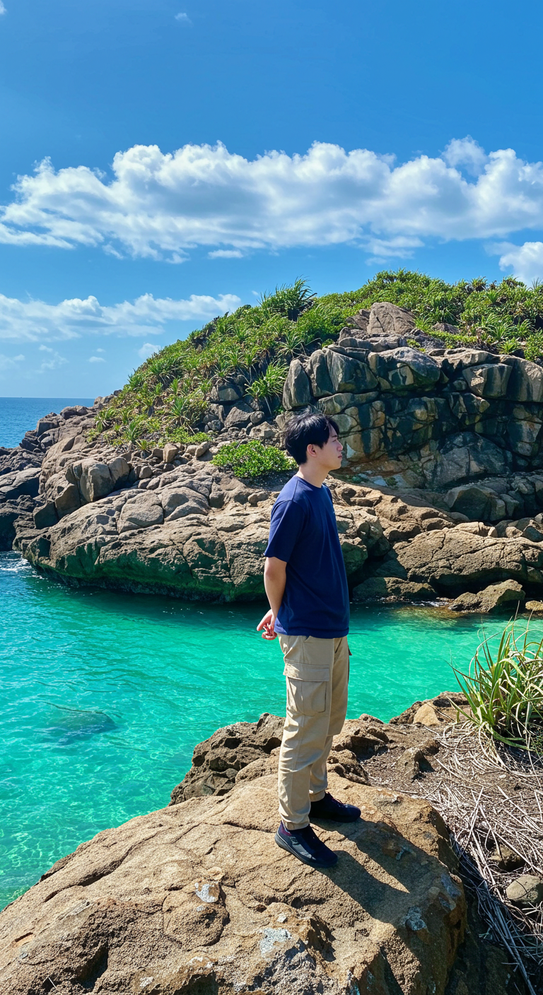 An Asian man standing on a rocky island #1