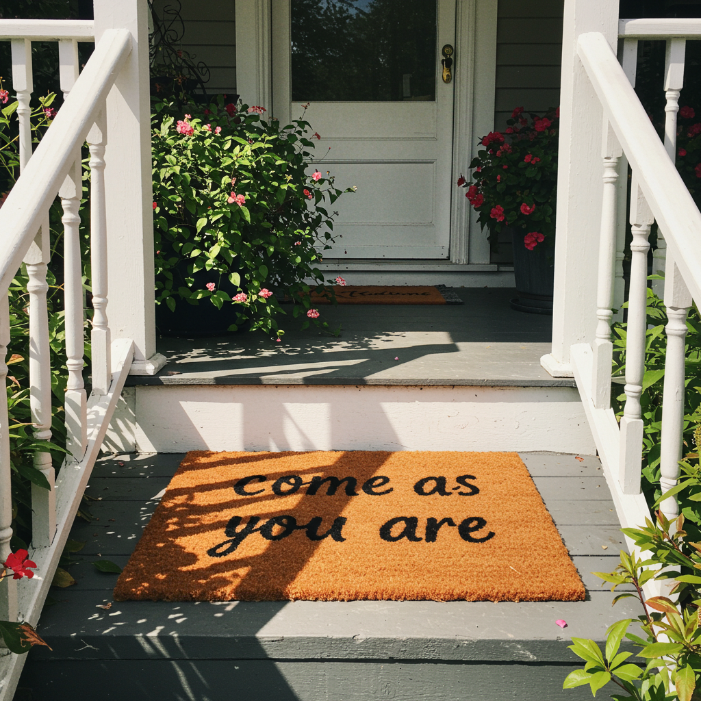 A doormat on a porch. the doormat says "come as you are" #2