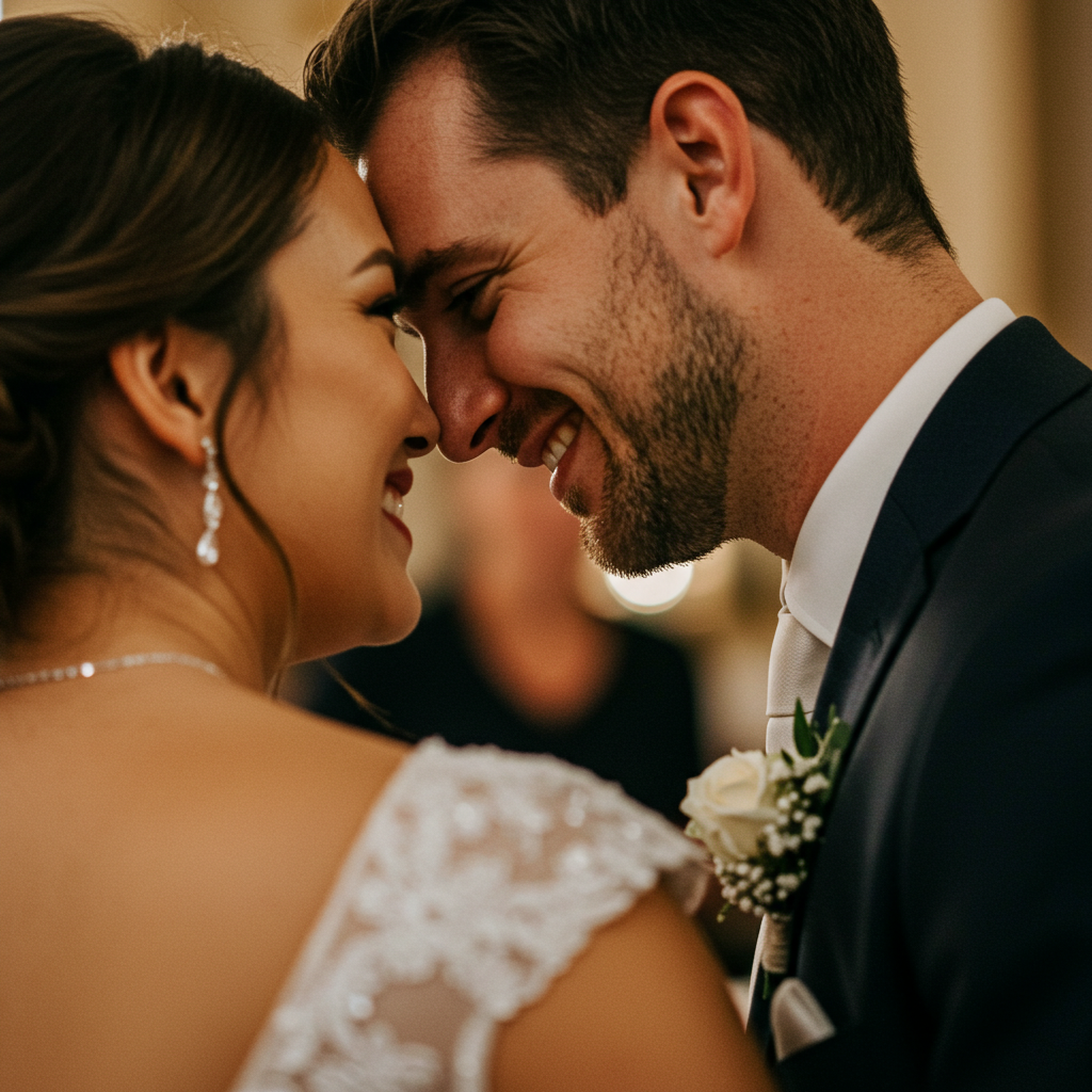 A close-up photo of a bride and groom at a wedding