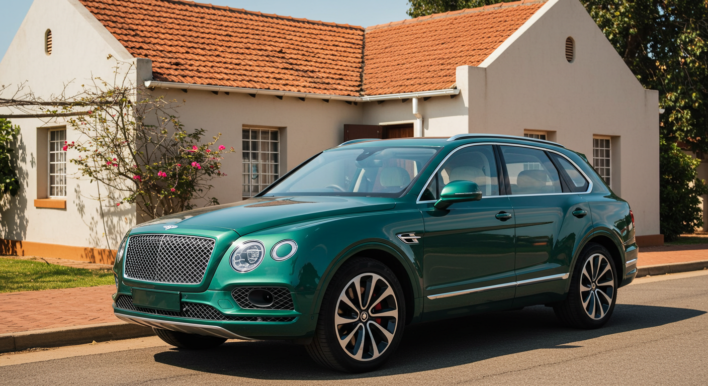 A new green Bentley parked in front a house #1