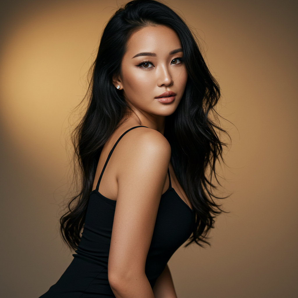 A sexy Asian model in a black dress