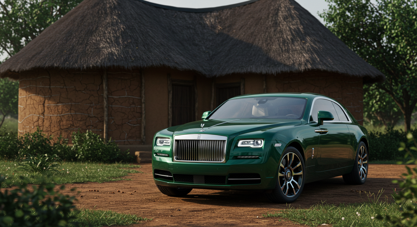 A new green Rolls Royce car parked in front a house in Africa #2