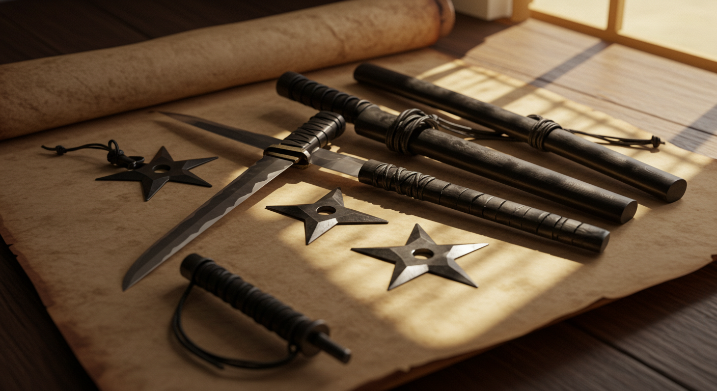 Stylized ninja weapons laid on parchment paper #1