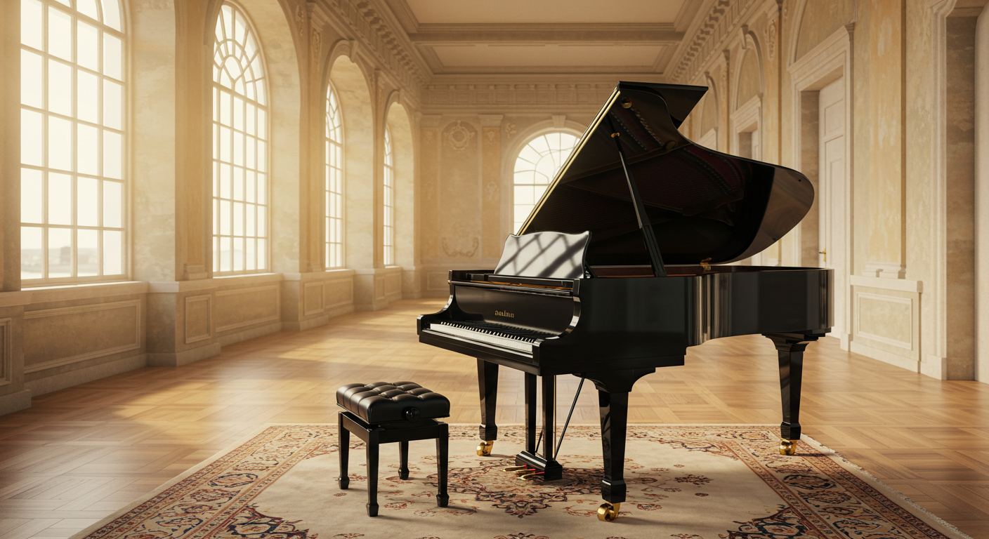 A new black Piano in a hall #1