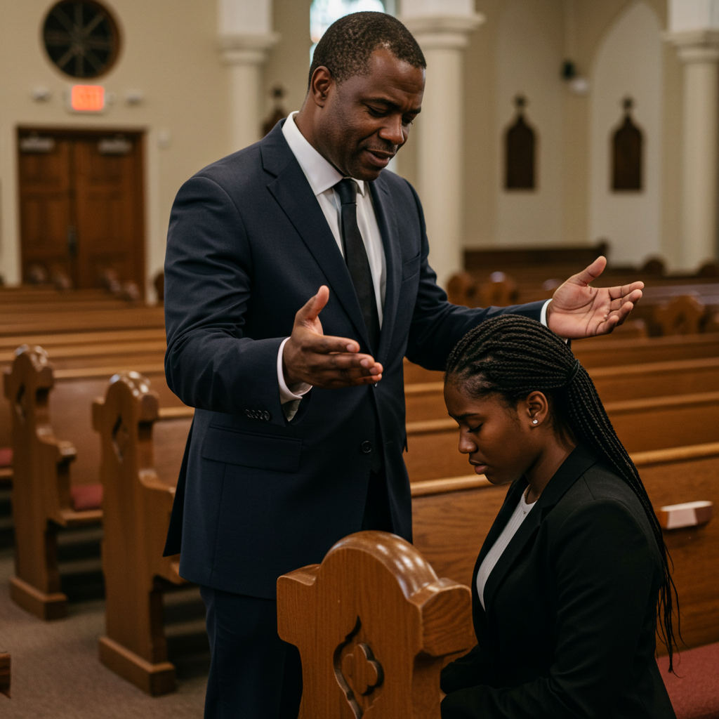 A Black Pastor praying for a young woman on her knees #2