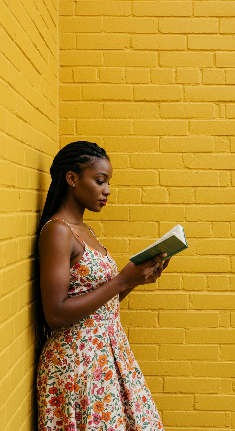 A young black woman reading a book while standing by a yellow brick wall #1