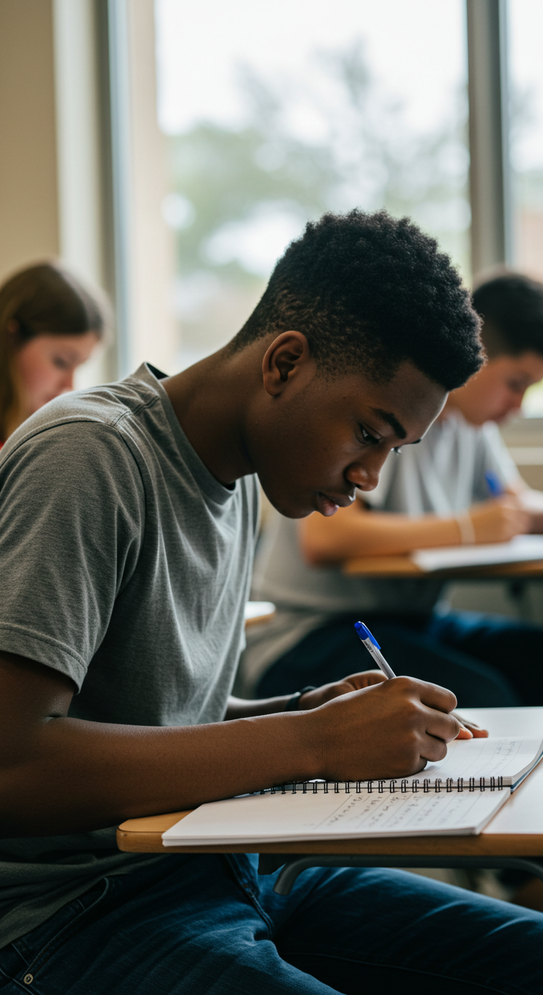 A young black male student writing in class #2