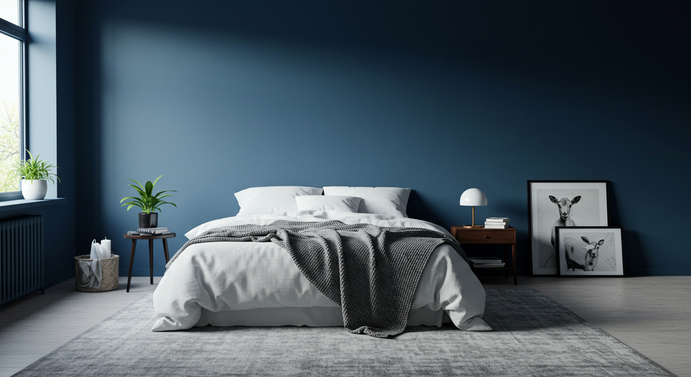 A modern bedroom with blue walls #3