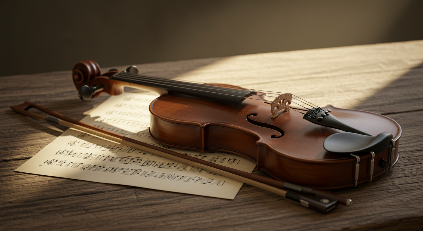 Close-up of a violin on a rustic wooden table with sheet music beside it #2