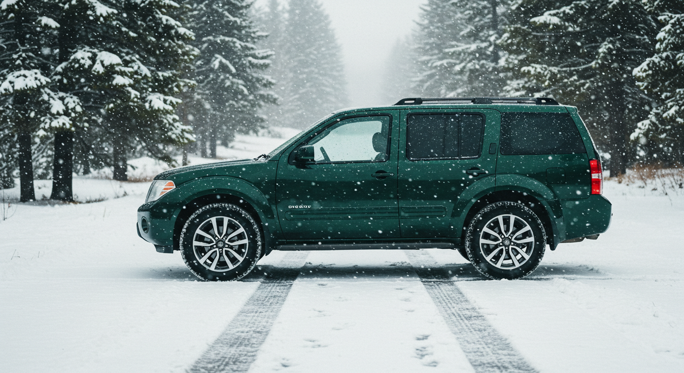 A green SUV parked on the road on a snowy day #2