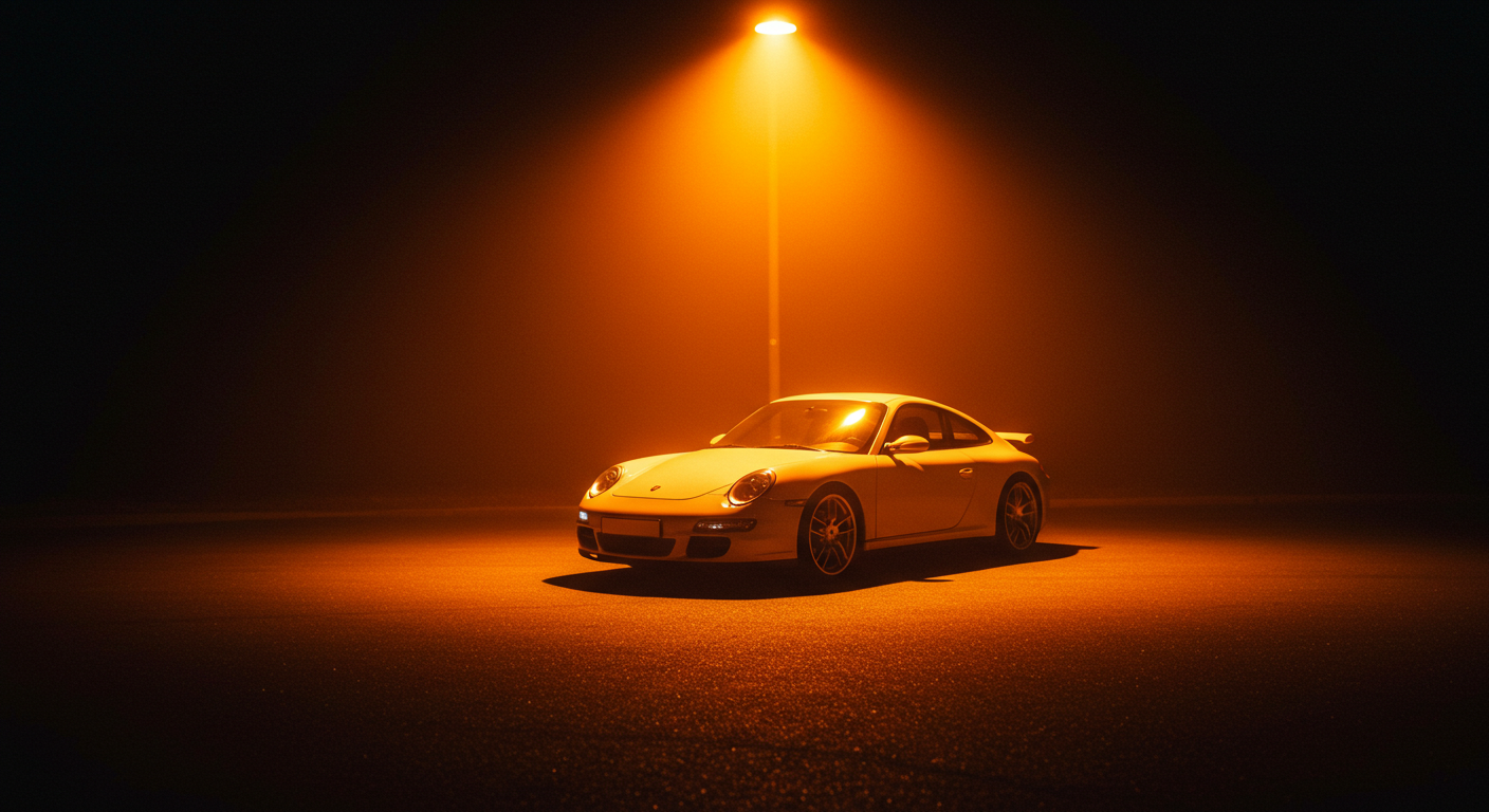 A white sports car parked under a street light at night #2
