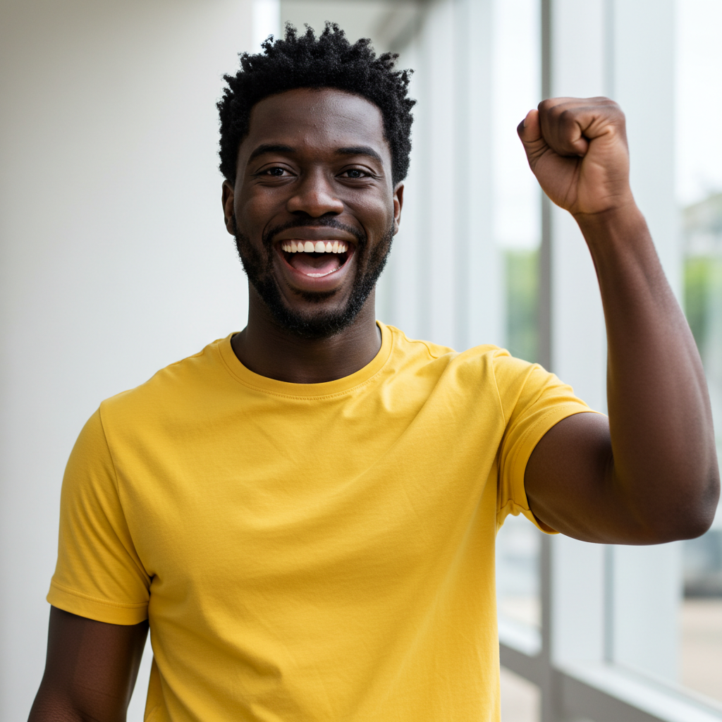 A happy black man in a yellow shirt with a fist and smiling #3