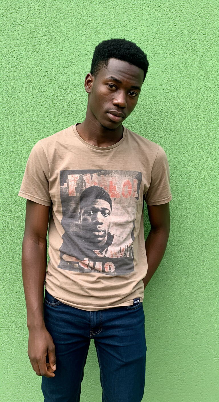 A young black man standing by a green wall #2