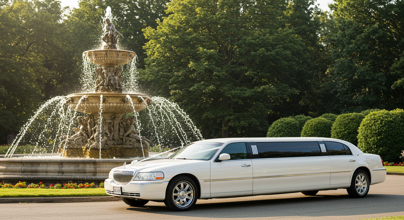 A white wedding limousine parked by a fountain in the day #4