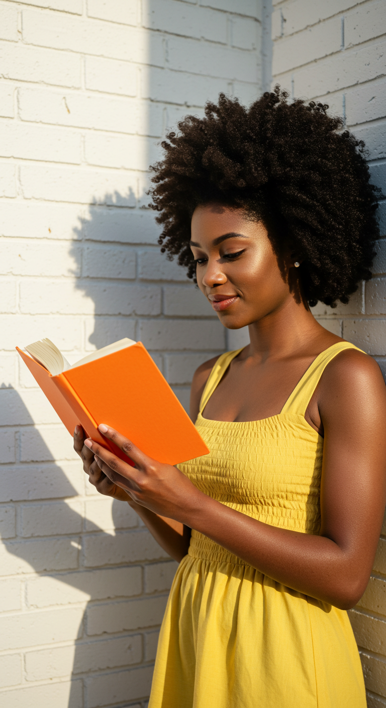 A young black woman reading a book while standing by a white brick wall #4