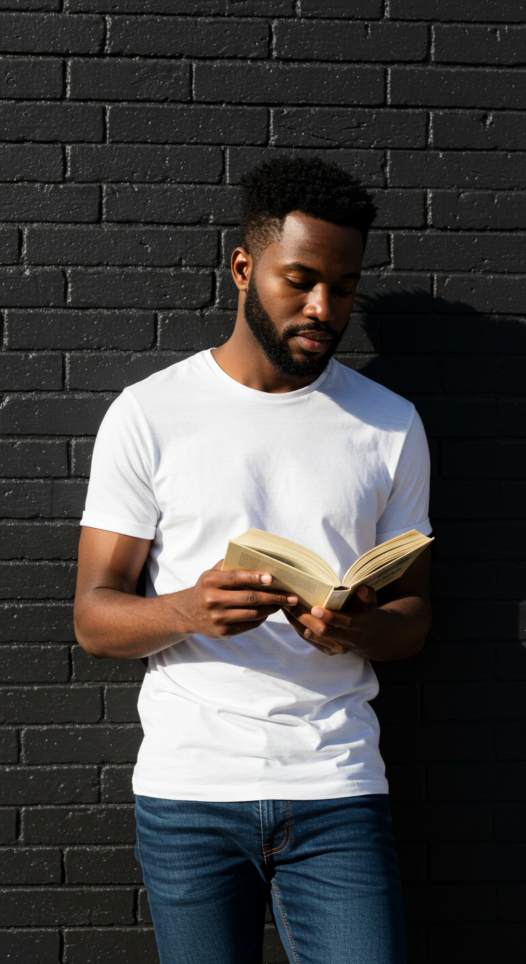 A young black man reading a book while standing by a black brick wall #3