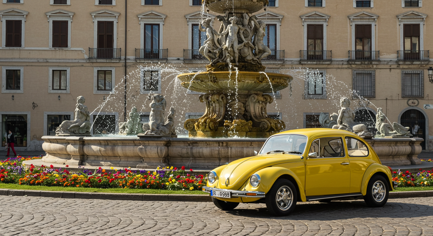 A yellow car parked by a fountain #4