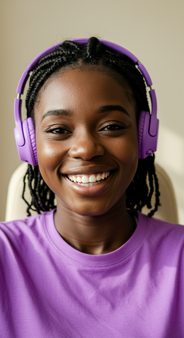 A young black lady in a purple shirt with purple headphones and smiling #2