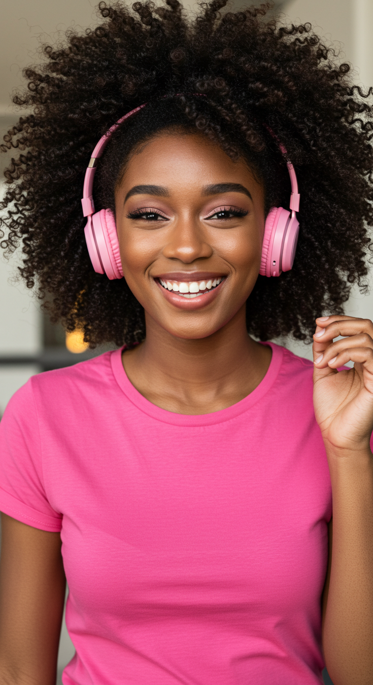 A young black lady in a pink shirt with pink headphones and smiling #4