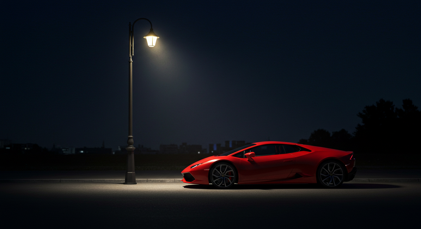 A red sports car parked under a street light at night #3