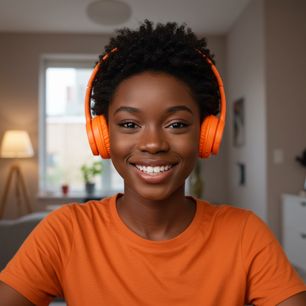 A young black lady in an orange shirt with orange headphones #3