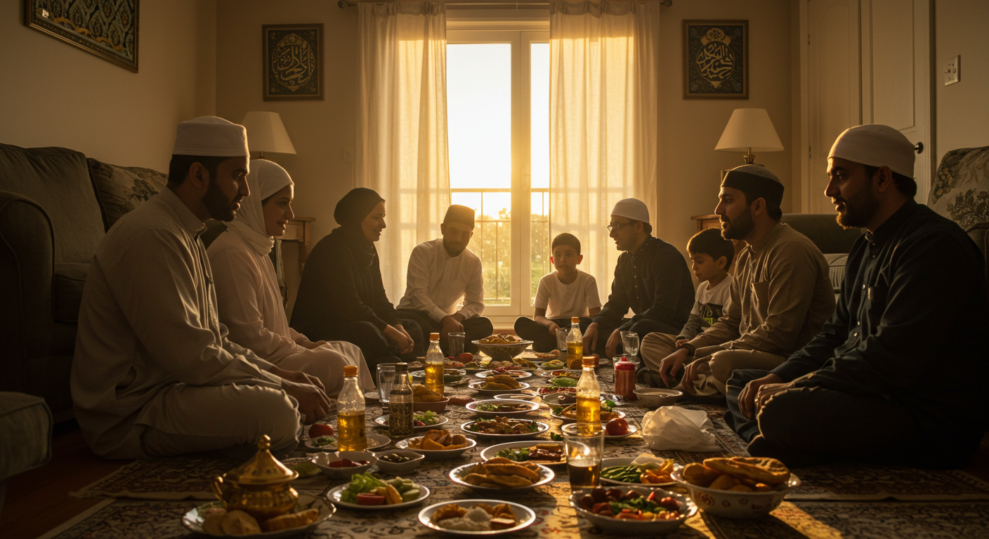 Muslim family gathering for Iftar, traditional meal laid out on floor #3