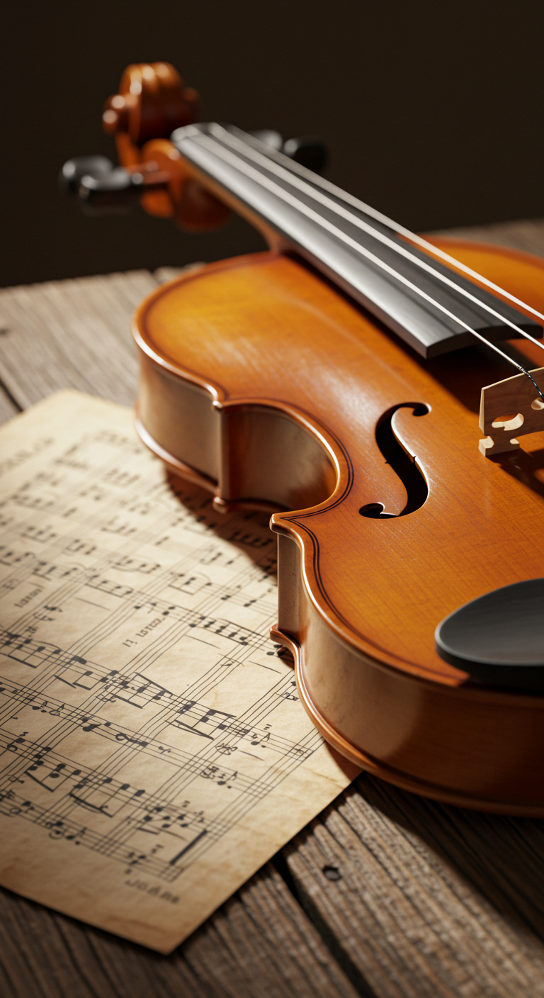 Close-up of a violin on a rustic wooden table with sheet music beside it #2